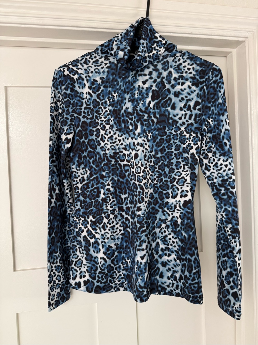 Boston Proper Blue and Black Leopard Turtleneck Pullover